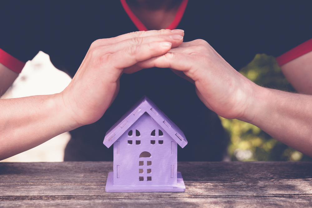 Hands,closing,toy,house,of,lavender,color,,as,a,symbol